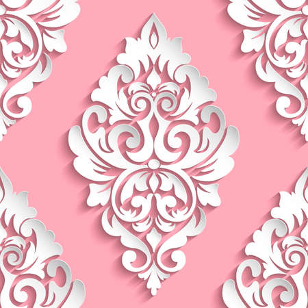 Vector damask seamless pattern element. Elegant luxury texture for wallpapers, backgrounds and page fill. 3D elements with shadows and highlights. Paper cut.のイラスト素材