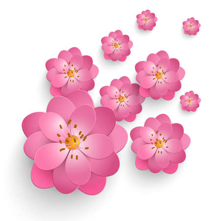 Vector paper cut sakura flowers. Floral volumetric composition. Elegant element for invitaion cards.のイラスト素材