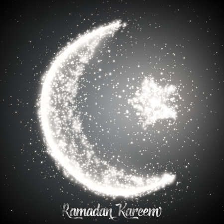Crescent moon and star constructed of white glowing particles on monochrome background. Ramadan Kareem. Shiny decorative moon and star.のイラスト素材