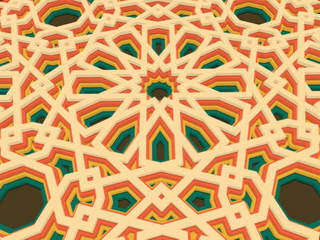 abstract volumetric geometric background. Based on islamic ethnic ornaments. 3d extruded ornament elements. Elegant background for cards, invitations etc.のイラスト素材