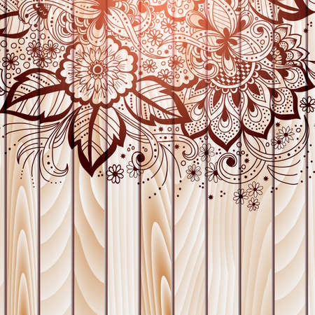 Vector abstract floral elements in Indian mehndi style on wooden background. Abstract henna floral vector illustration. Design element.のイラスト素材
