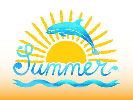 Vector summer watercolor illustration with sun and dolphinのイラスト素材
