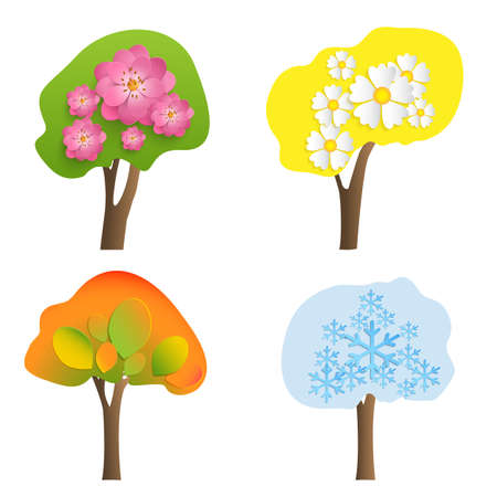Vector trees with volumetric flowers, leaves and snowflakes. Seasons of the year signs.のイラスト素材