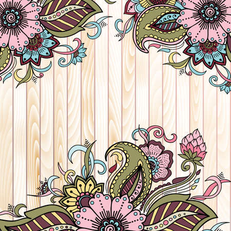 Vector abstract floral elements in Indian mehndi style on wooden background. Abstract henna floral vector illustration. Design element.のイラスト素材