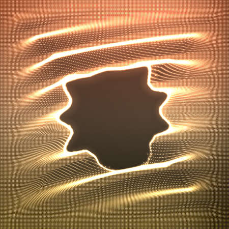 Vector abstract glowing point noise background. Array of shining golden points in form of distorted surface. Abstract colorful cyber background. Ripples on glowing point surface. Data distortion.のイラスト素材