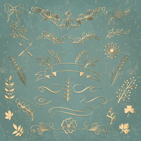 Set of vector floral elements. Hand drawn design elements for cards and invitations. Elegant pieces for design of wedding, invitation or greeting cards.のイラスト素材