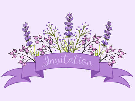 Vector spring background with volumetric flowers. Lavender flowers on background. With violet ribbon.のイラスト素材