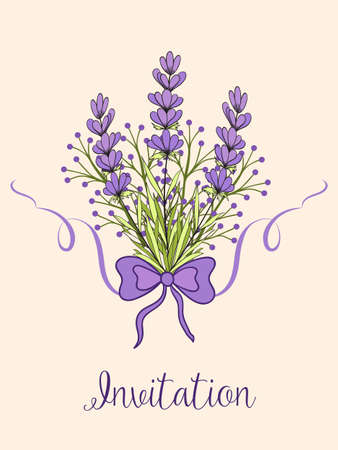 Vector spring background with volumetric flowers. Lavender flowers on background. With violet ribbon.のイラスト素材