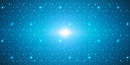 Vector infinite space background. Matrix of glowing stars with illusion of depth, perspective. Geometric backdrop with point array as lattice. Abstract futuristic universe on light blue background.のイラスト素材