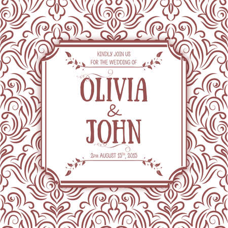 Wedding invitation and announcement card with vintage background artwork. Elegant ornate damask background. Elegant floral abstract ornament. Design template.のイラスト素材