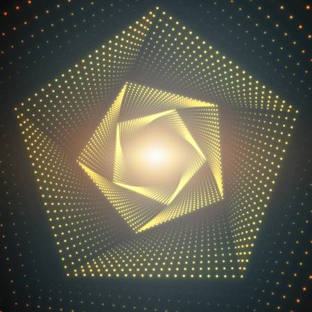 Infinite pentagonal twisted tunnel of shining flares on dark green background. Glowing points form tunnel sectors. Abstract cyber colorful background for your designs. Geometric wallpaper.のイラスト素材