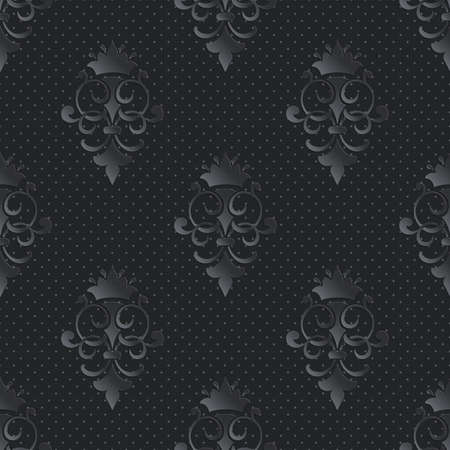 Vector damask seamless pattern dark background. Elegant luxury texture for wallpapers, backgrounds and page fill. 3D elements with shadows and highlights. Paper cut.のイラスト素材