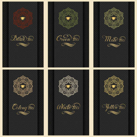 A Vector set of cards with a variety of tea. Invitation or gift card with elegant typography and cup of tea in monogram element. Elegant tea label or cover.のイラスト素材