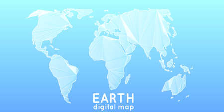 Abstract vector polygonal mesh world map. Triangulated continents. Digital map abstraction in light blue colors. Simplified continents.のイラスト素材