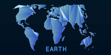 Abstract vector polygonal mesh world map. Triangulated continents. Digital map abstraction in dark blue colors. Simplified continents.のイラスト素材