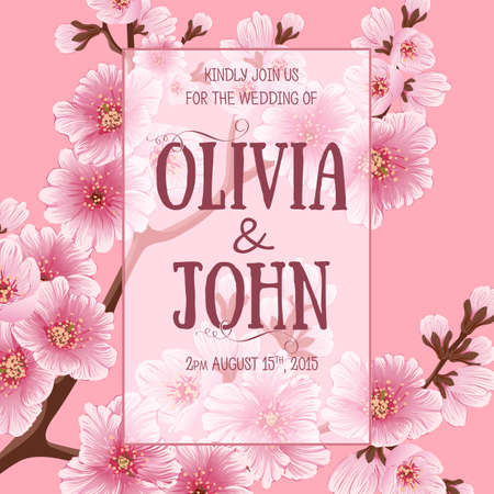 Wedding invitation card. Vector invitation card with floral background and elegant frame with text. Sakura flowers, cherry blossomのイラスト素材