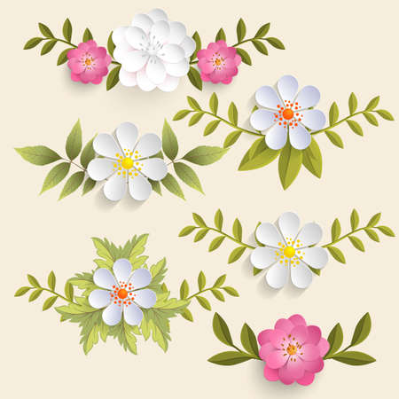 Vector floral design element for page decoration. Flowers with leaves. On the light background. Elegant flower composition. Volumetric flowers.のイラスト素材