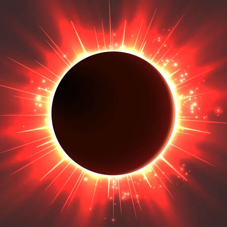 Abstract vector dark background with planet and eclipse of its star. Bright star red light shine from the edges of a planet. Sparkles of stars on the background.のイラスト素材