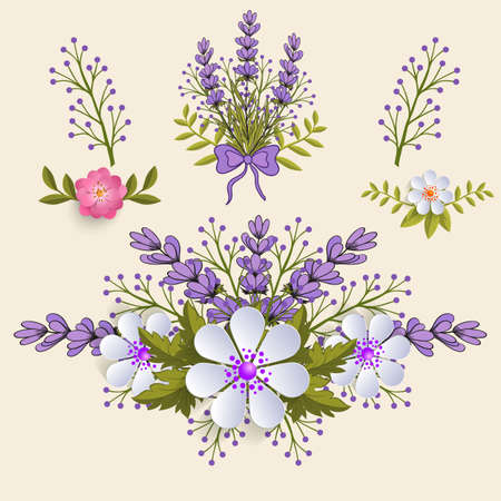 Vector floral design element for page decoration. Flowers with leaves. On the light background. Elegant flower composition. Volumetric flowers.のイラスト素材