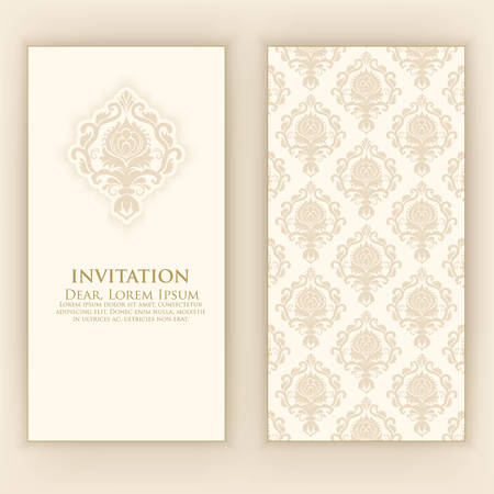 Wedding invitation and announcement card with vintage background artwork. Elegant ornate damask background. Elegant floral abstract ornament. Design template.のイラスト素材