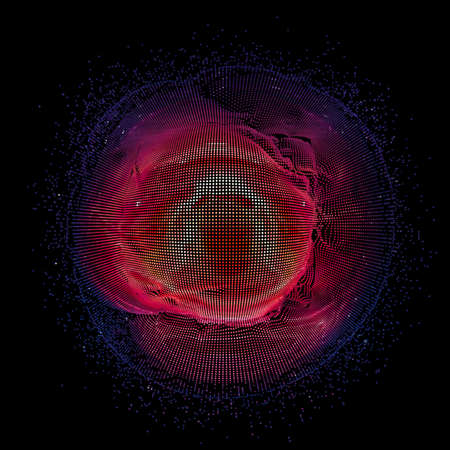Abstract vector colorful mesh on dark background. Futuristic style card. Elegant background for business presentations. Corrupted point sphere. Chaos aesthetics.のイラスト素材