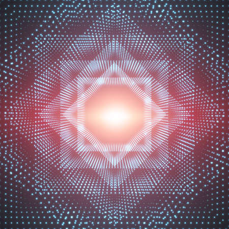 Vector infinite polygonal or square tunnel of shining flares on red background. Glowing points form...