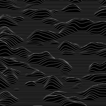 Vector striped background. Abstract line waves. Sound wave oscillation. Funky curled lines. Elegant wavy texture. Surface distortion. Monochrome. Grayscale backdrop.のイラスト素材