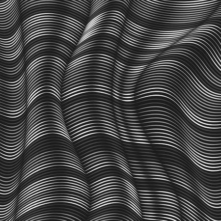 Vector warped lines background. Flexible stripes twisted as silk forming volumetric folds. Grayscale stripes with variable width. Modern abstract creative backdrop.のイラスト素材