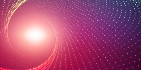 Vector infinite round twisted tunnel of shining flares on violet background. Glowing points form tunnel. Abstract cyber colorful background. Elegant modern geometric wallpaper. Shining points swirl.のイラスト素材