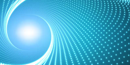 Vector infinite round twisted tunnel of shining flares on blue background. Glowing points form...