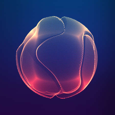 Abstract vector colorful mesh sphere on dark violet background. Futuristic style card. Elegant background for business presentations. Corrupted point sphere. Chaos aesthetics.のイラスト素材