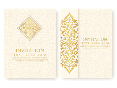 Vector invitation, cards with ethnic arabesque elements. Arabesque style design. Elegant floral abstract ornaments. Front and back side of card. Business cards.のイラスト素材