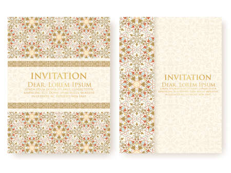 Vector invitation, cards with ethnic arabesque elements. Arabesque style design. Elegant floral abstract ornaments. Front and back side of card. Business cards.のイラスト素材