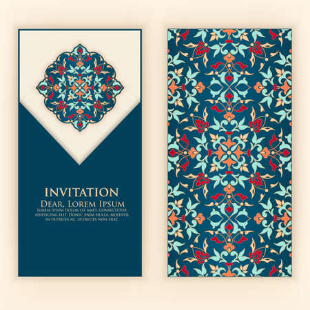 Vector invitation, cards with ethnic arabesque elements. Arabesque style design. Elegant floral abstract ornaments. Front and back side of card. Business cards. eps10のイラスト素材