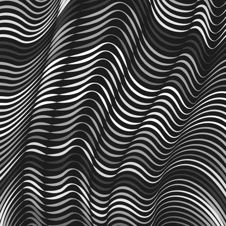 Vector warped lines background. Flexible stripes twisted as silk forming volumetric folds. Grayscale stripes with variable width. Modern abstract creative backdrop.のイラスト素材