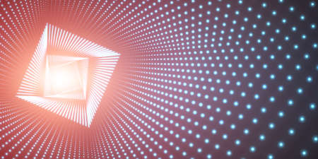 Vector infinite square twisted tunnel of shining flares on blue background. Glowing points form...