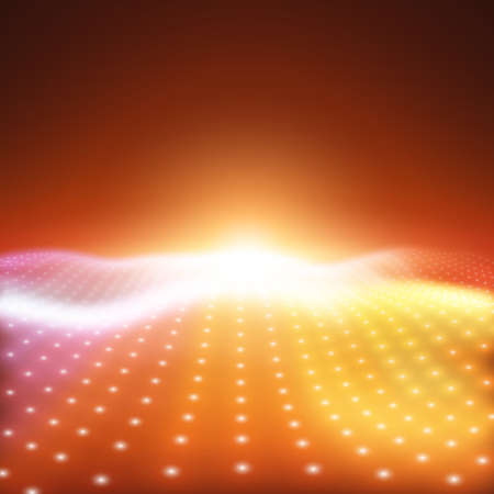 Abstract vector background with colorful neon lights forming wavy surface. Neon cyber surface flow. Smooth colorful cyber relief from glowing particles. Elegant modern backdrop.のイラスト素材