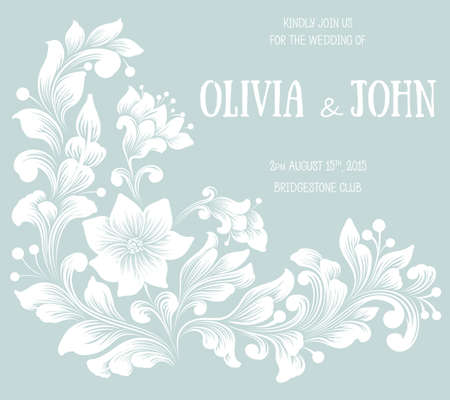 Wedding invitation and announcement card with floral background artwork. Elegant ornate floral background. Floral background and elegant flower elements. Design template.のイラスト素材