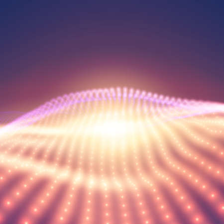 Abstract vector background with colorful neon lights forming wavy surface. Neon cyber surface flow....