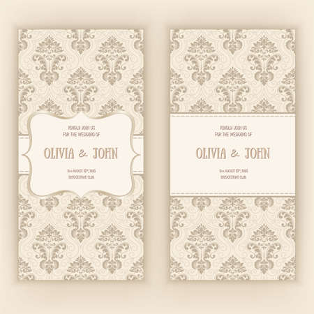 Vector invitation, cards or wedding card with damask background and elegant floral elements.のイラスト素材