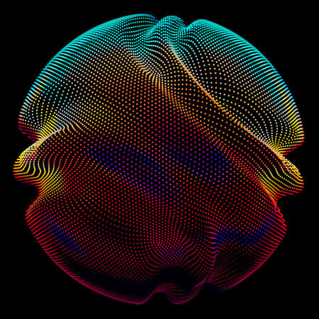 Abstract vector colorful mesh sphere on dark background. Futuristic style card. Elegant background for business presentations. Corrupted point sphere. Chaos aesthetics.のイラスト素材