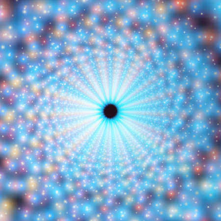 Vector infinite swirl tunnel of shining flares on background. Glowing points form tunnel sectors. Abstract cyber colorful background for your designs. Elegant modern geometric wallpaper.のイラスト素材