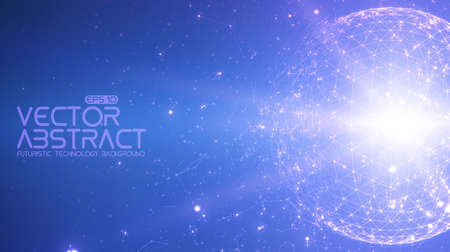 Abstract vector space blue background. Chaotically connected points and polygons flying in space. Flying debris. Futuristic technology style. Elegant background for business presentations.のイラスト素材