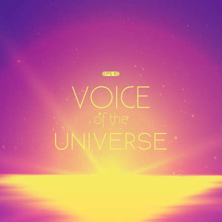 Abstract vector background with morning landscape and sky with stars. Glow of rising sun over the water surface. Morning on distant planet. Sparkles of alien stars. Glowing solar path on surface.のイラスト素材