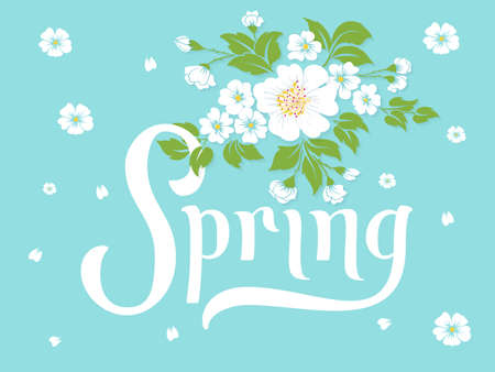 Elegant vector spring invitation card. Vector invitation card with green background and flower elements with beautiful spring typography. Sunny spring backdrop.のイラスト素材