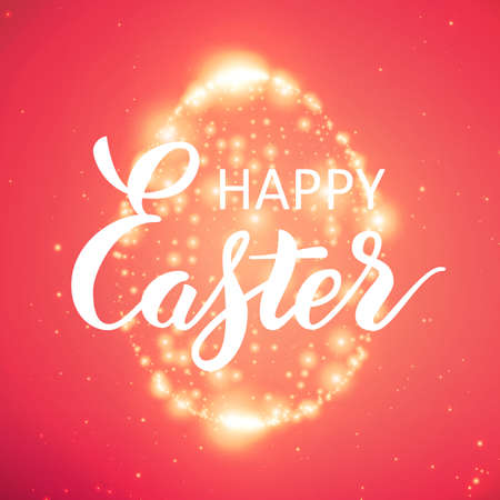 The Easter shining egg of glowing points. Sparkling egg on colorful red background with tiny flares and beautiful handwritten calligraphy. Happy Easter lettering.のイラスト素材