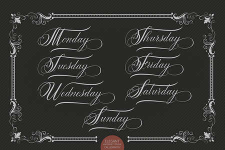 Hand drawn lettering Monday, Tuesday, Wednesday, Thursday, Friday, Saturday, Sunday. Elegant modern handwritten calligraphy. Vector Ink illustration. Typography poster on dark background.のイラスト素材