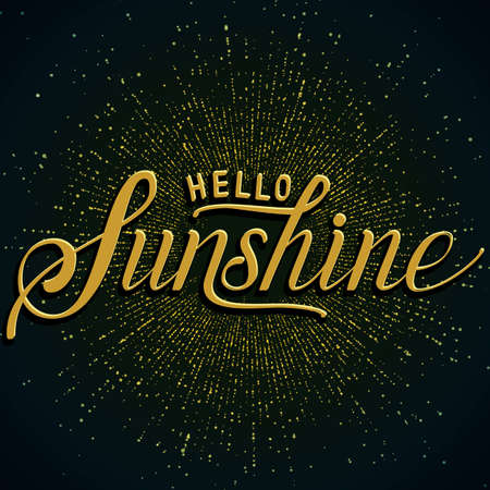 Hand drawn lettering Hello Sunshine. Elegant modern handwritten calligraphy. Vector Ink illustration. Typography poster on dark background with blast of sparkles. For cards, invitations, prints etcのイラスト素材
