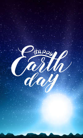 Happy Earth Day lettering on abstract vector background with mountain landscape and rising sun. Early morning sky with starsのイラスト素材