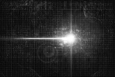 Electronic signal in the cyber world. Birth of artificial intelligence. Shining beam on circuit grayscale background with binary numbers.のイラスト素材